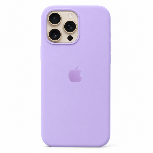 A light purple phone case on an iPhone 13 Pro Max, shown from the back against a plain white background. The Apple logo is visible through the case.