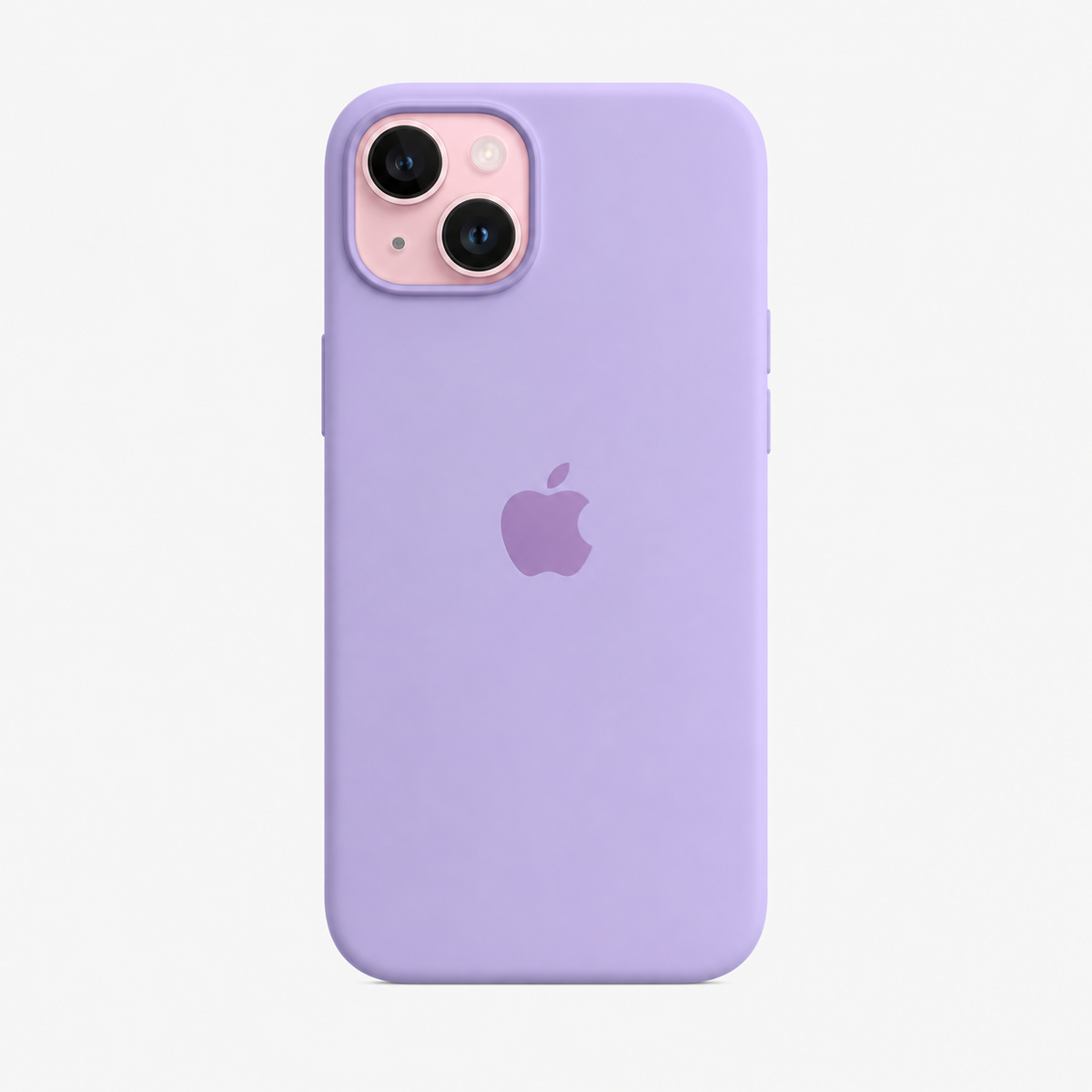 lilac color phone case for iPhone 14 plus with apple logo and the image has pure white background