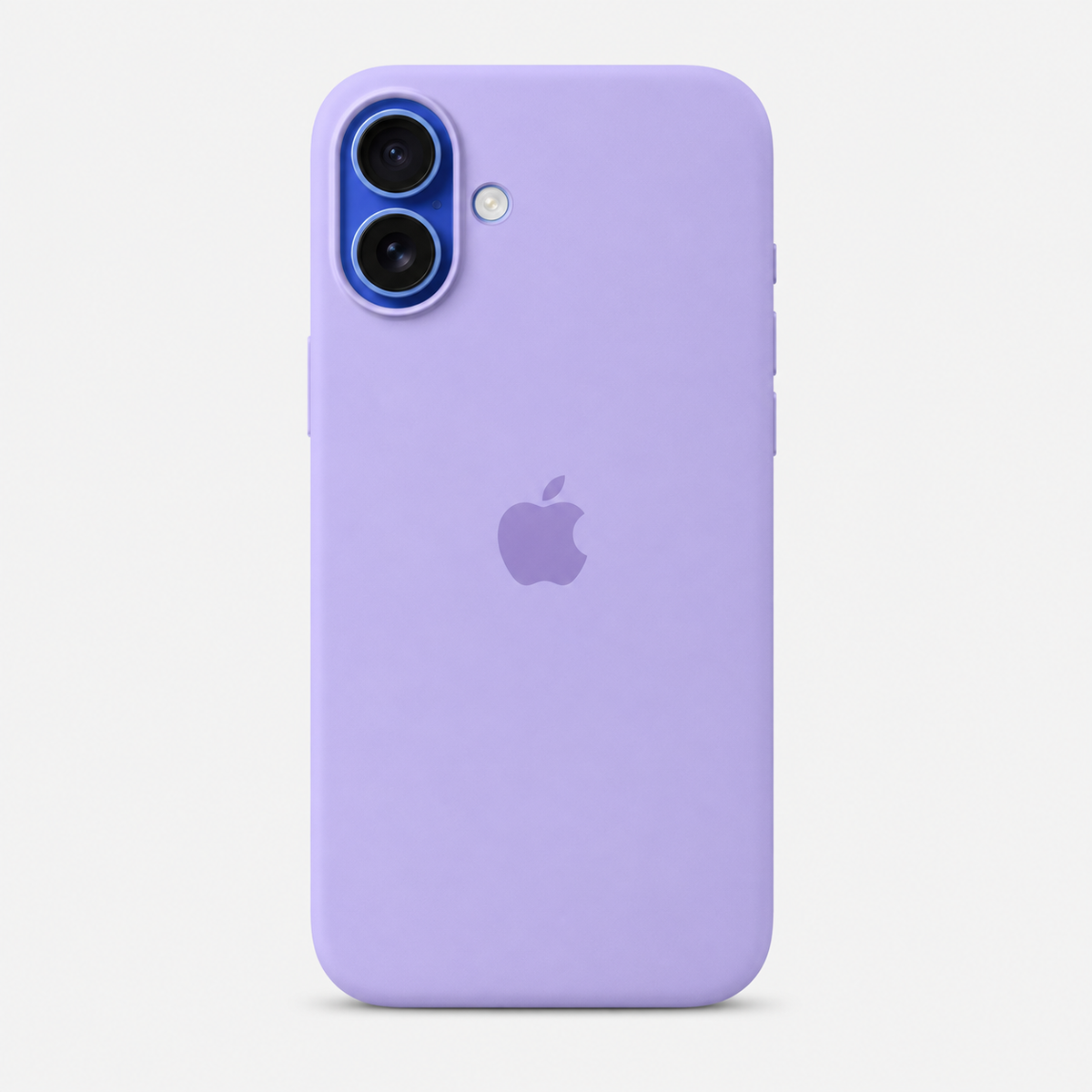 A light purple phone case on an iPhone, shown from the back against a clean, off-white background. The Apple logo is visible in the center, and the camera cutout area features a blue accent ring.