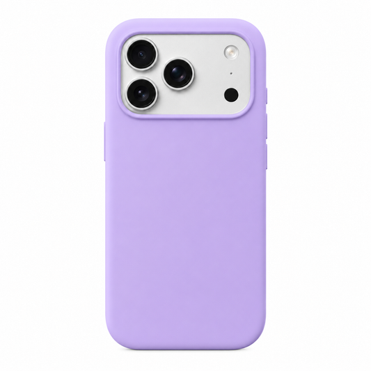 A light purple phone case shown from the back on a white background, fitted over a silver iPhone.