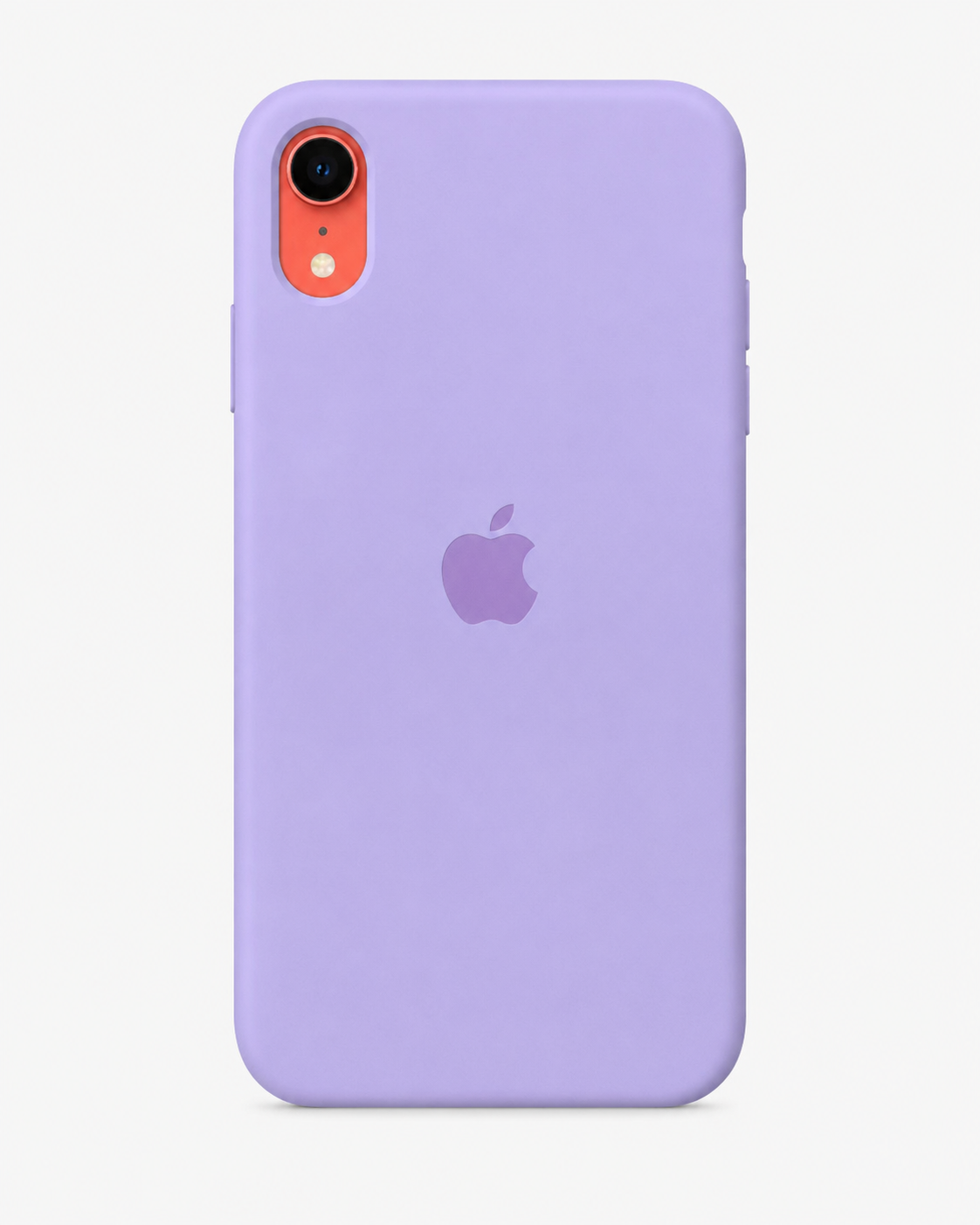 A lavender purple phone case on an iPhone, shown from the back against a clean, off-white background. The Apple logo is visible in the center, and the camera cutout reveals a red phone camera ring.