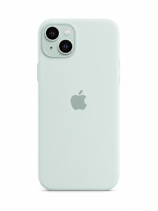 mint color phone case for iPhone 14 plus with apple logo and the image has pure white background