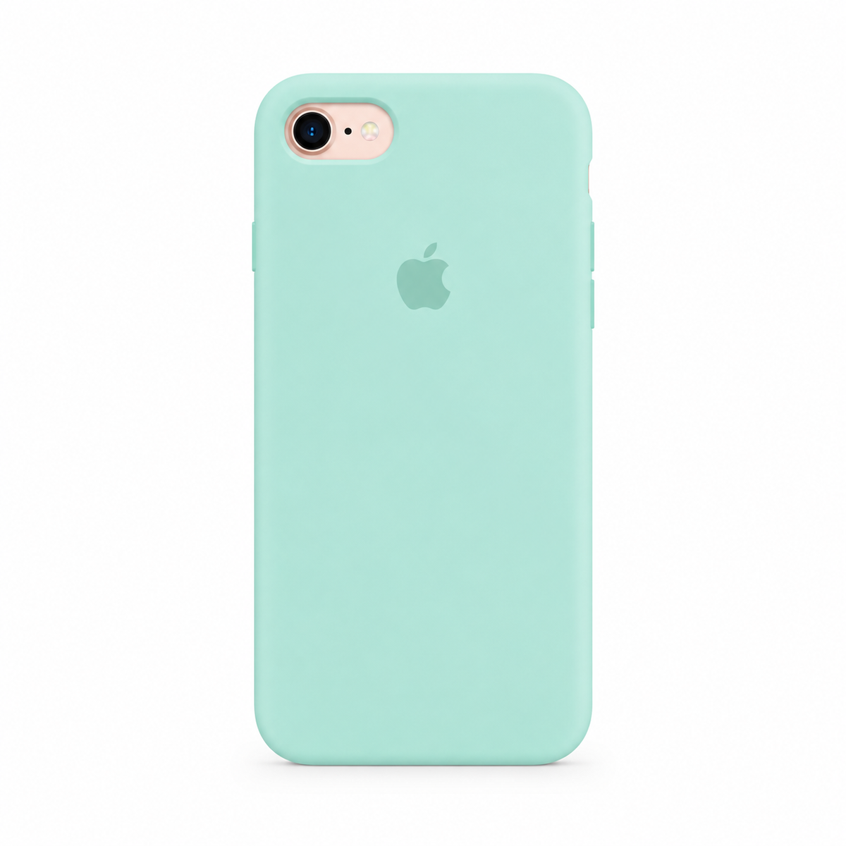A mint green silicone phone case on an iPhone, shown from the back against a clean white background.