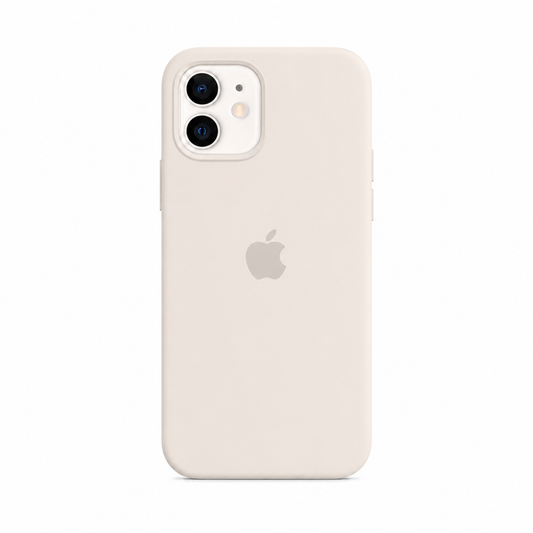 natural case for iphone 11. image has a white background. iphone 11 is inserted in the case. the case has an apple logo on its back 