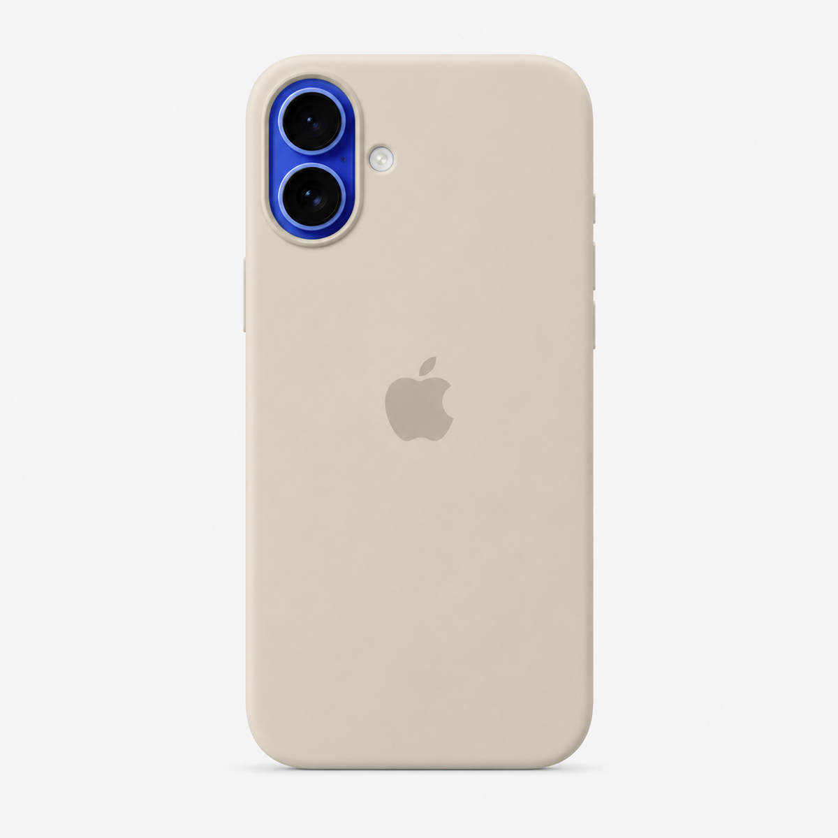 A light beige phone case shown on the back of an iPhone, featuring a matte finish, a cutout for a dual-camera system with a blue accent ring, and a gray Apple logo in the center.