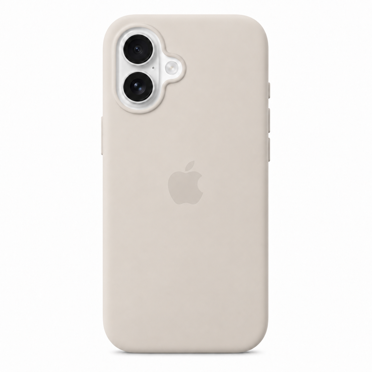 A light beige silicone phone case with a built-in camera bar and a subtle Apple logo in the center, shown on a white background.