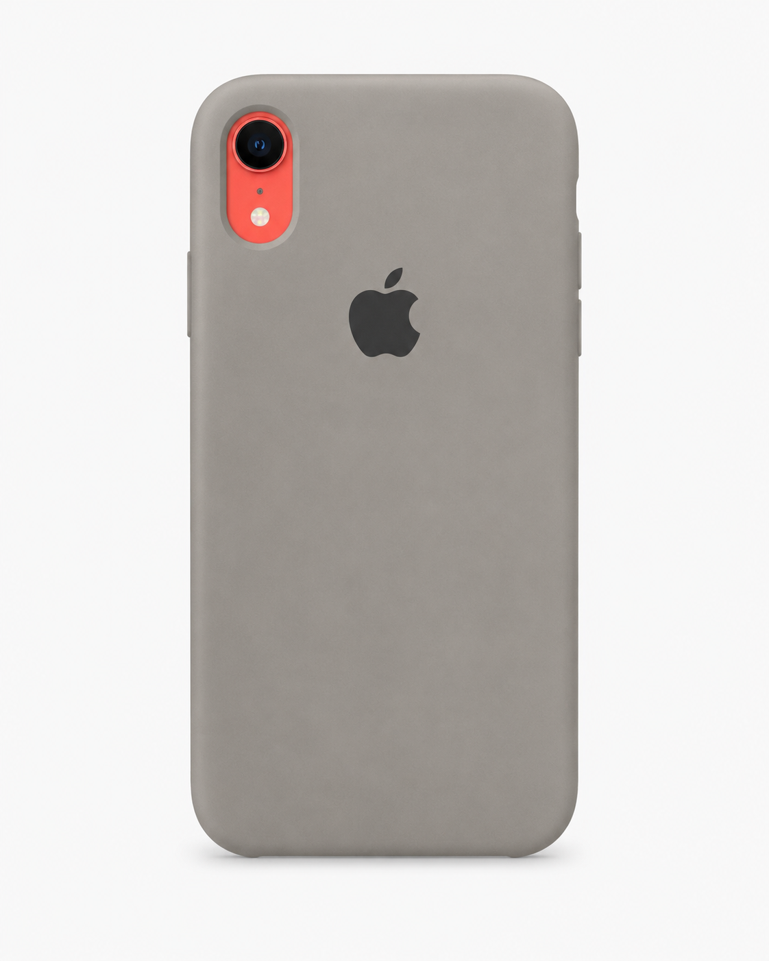 A matte gray phone case on an iPhone, shown from the back against a clean white background. The case features a black Apple logo in the center and a bright orange camera ring accent.