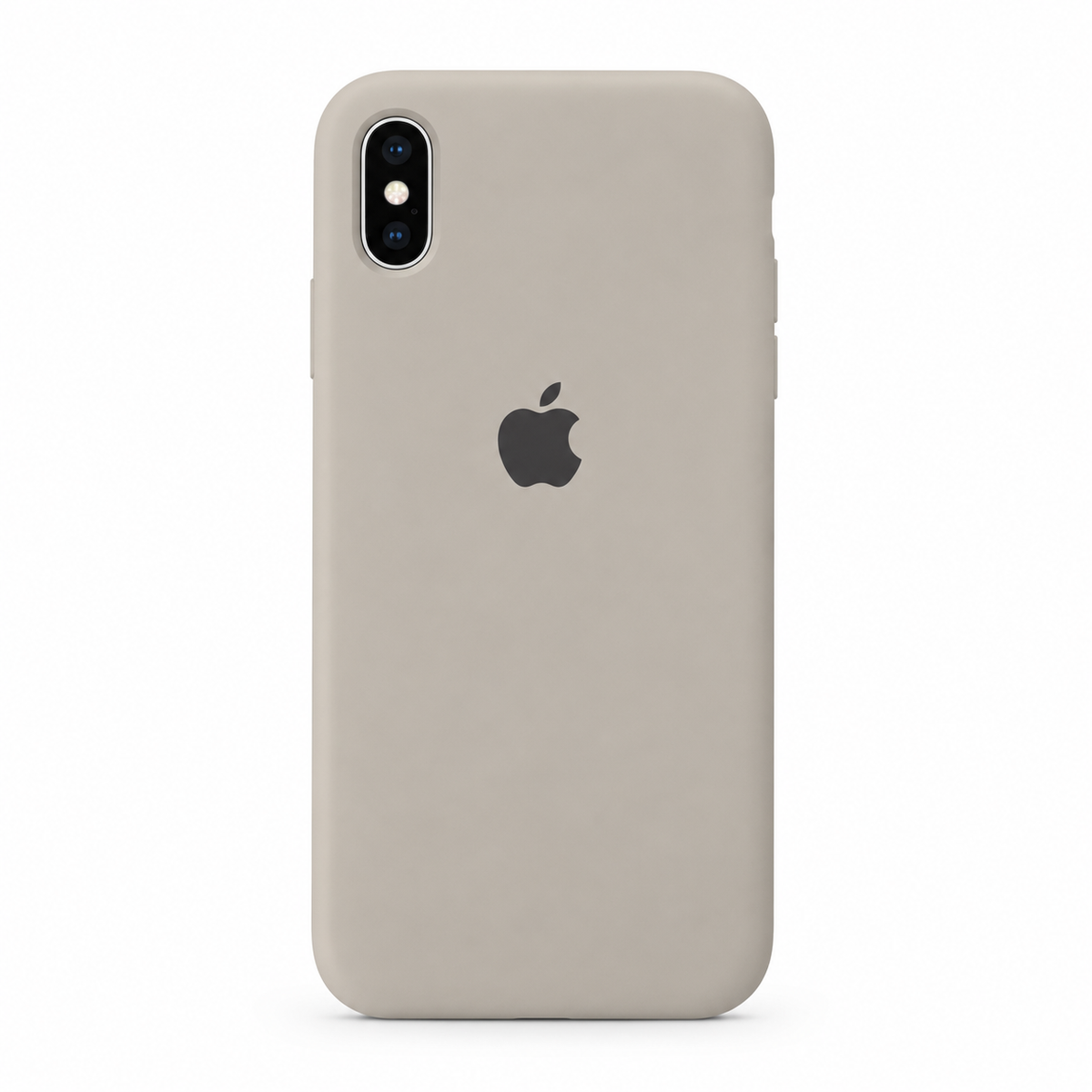 A light beige phone case on an iPhone, shown from the back against a plain white background. The Apple logo is visible through the case.