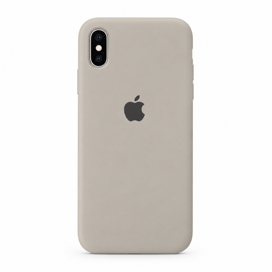 A light beige phone case on an iPhone, shown from the back against a plain white background. The Apple logo is visible through the case.