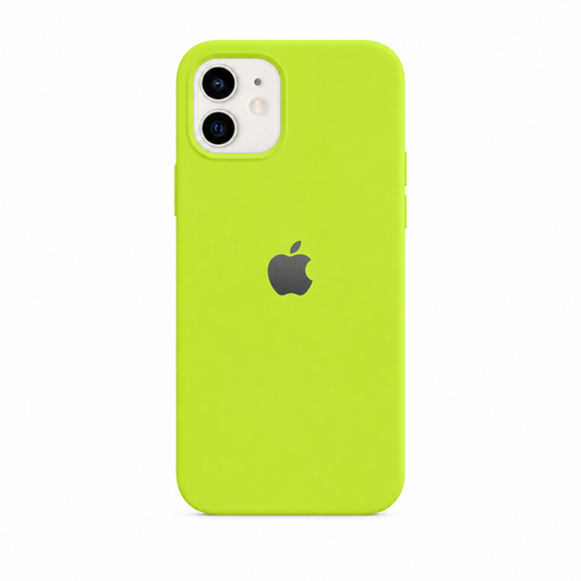 neon green  color iphone case. there is an apple logo on the back side of the case. the image has a pure white background. 