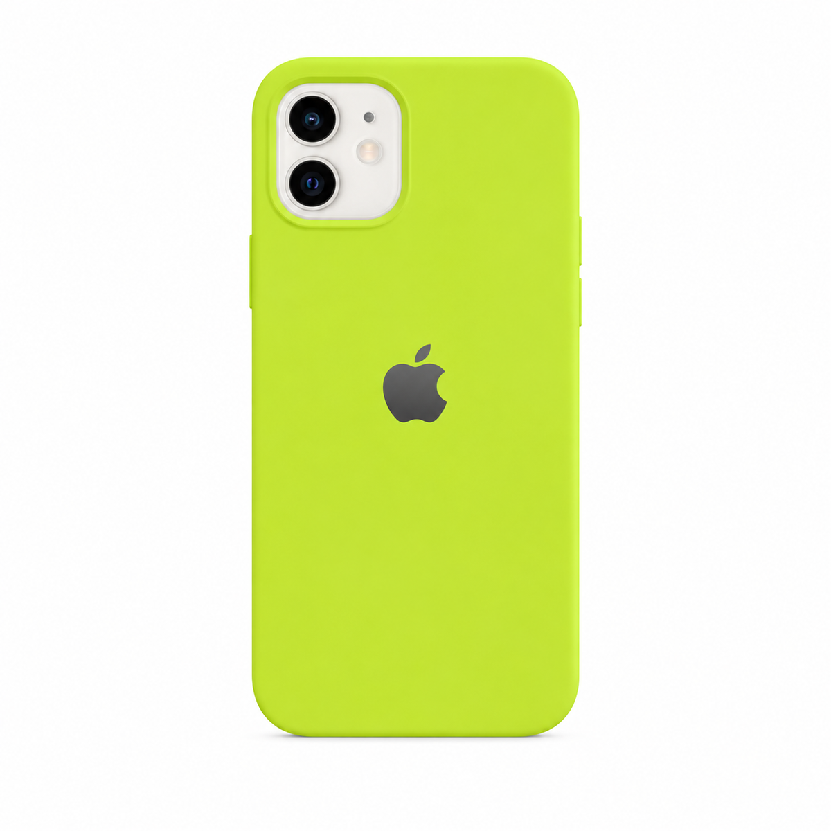 neon green color iphone 11 case with white background of the image. iphone 11 is inserted in the cover/case. there is also an apple logo on the back of case