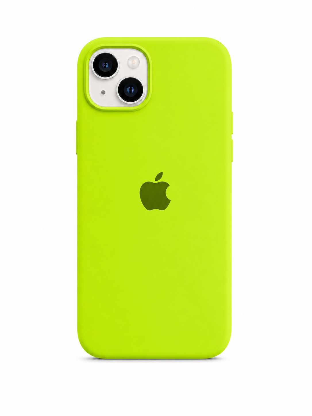 neon green color iphone 13 case with apple logo in the middle and white background of the silicone cover iphone 13 inserted in the cover