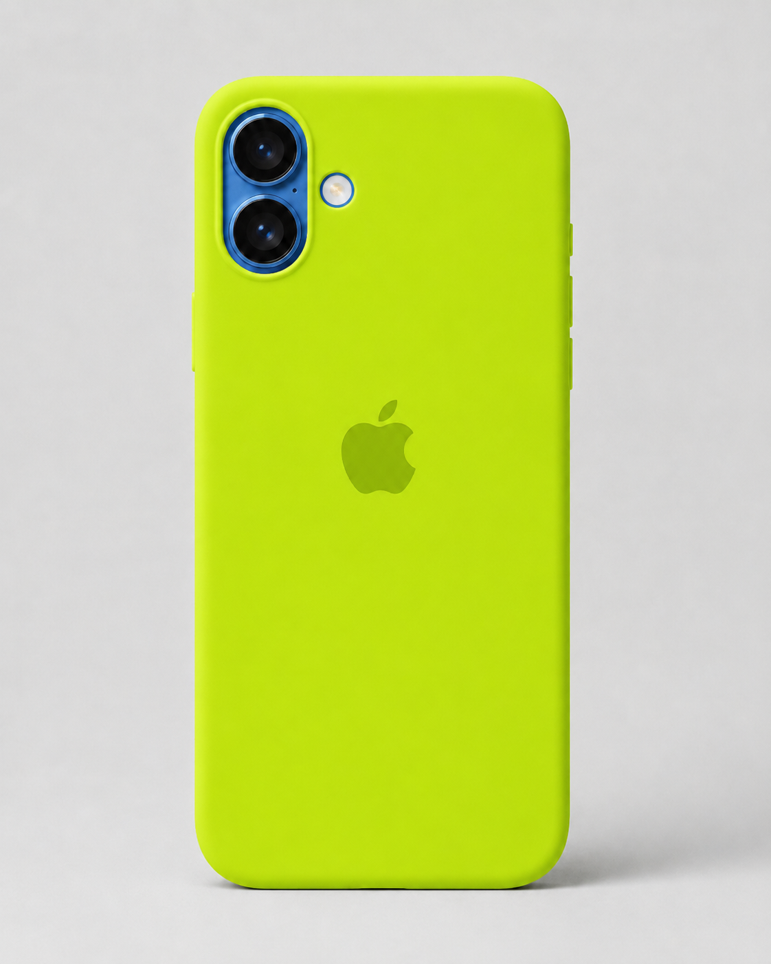 A bright lime green phone case on an iPhone, shown from the back against a neutral light gray background. The Apple logo is visible through the case.
