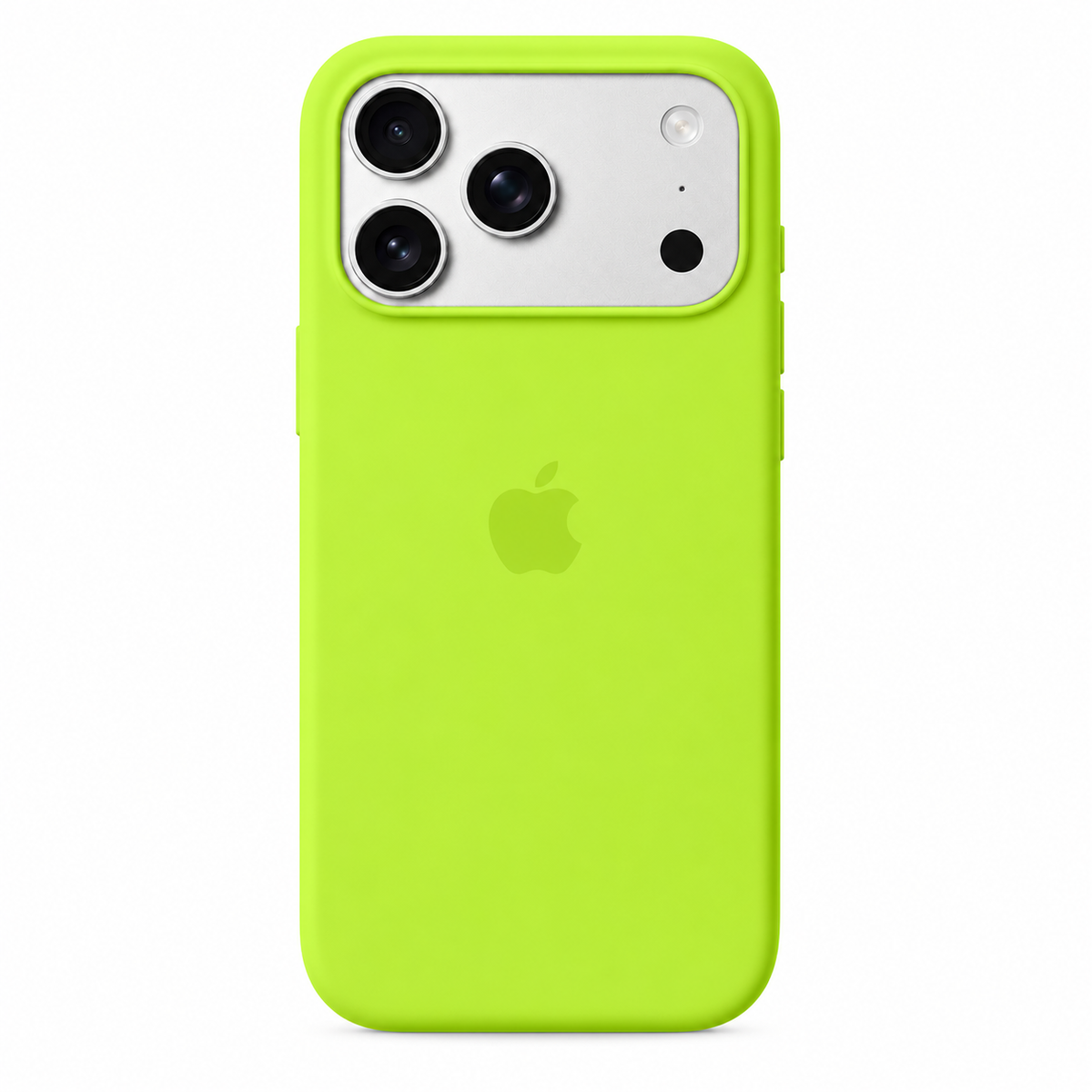 A neon green protective phone case on an iPhone, shown from the back against a solid white background. The Apple logo is visible through the case material.