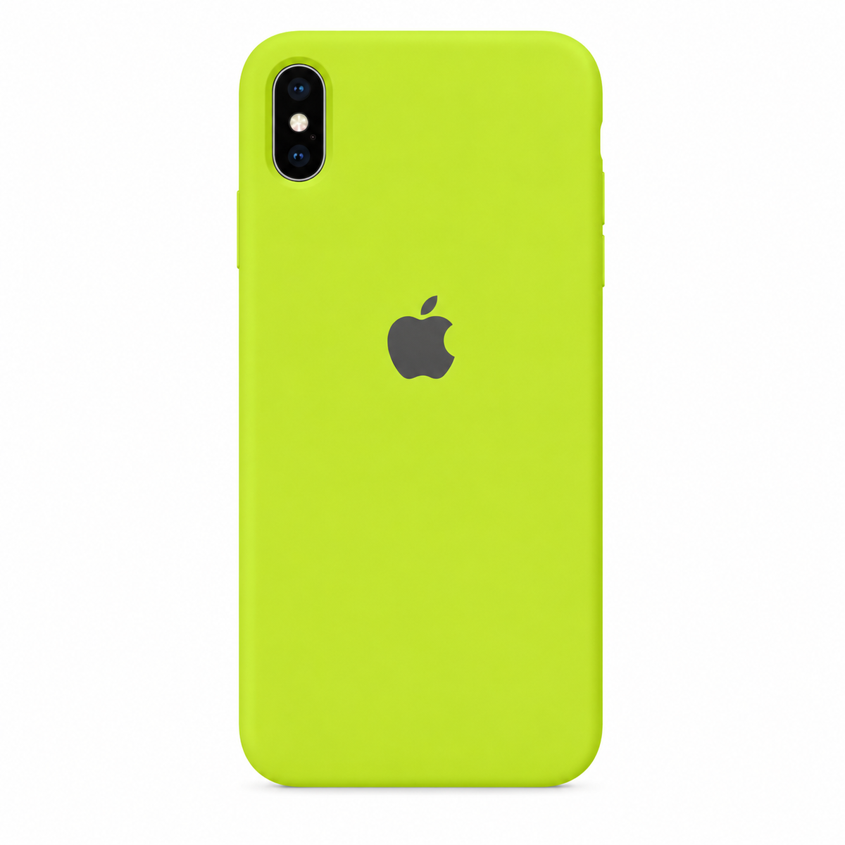 neon greem iPhone XS silicone case on white background