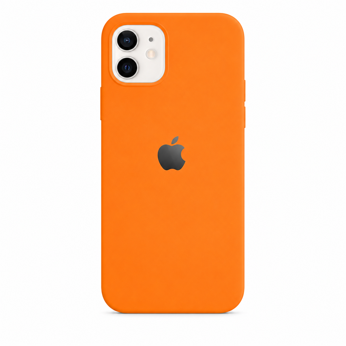  orange color iphone case. there is an apple logo on the back side of the case. the image has a pure white background. 