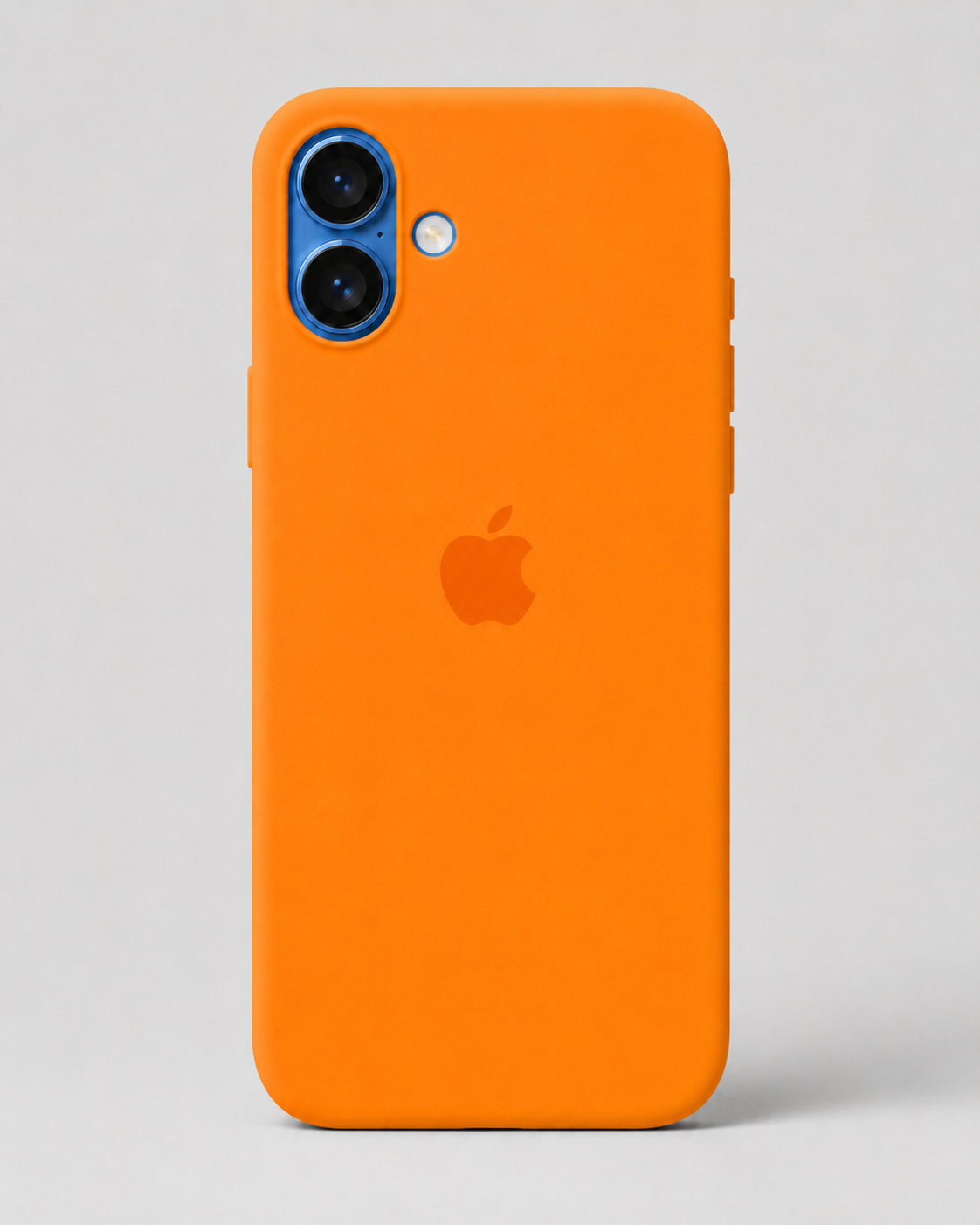 An orange protective phone case with a matte finish, shown on a light gray background. The case features a cutout for a dual-camera system with a blue accent ring and a faint, tonal Apple logo in the center.