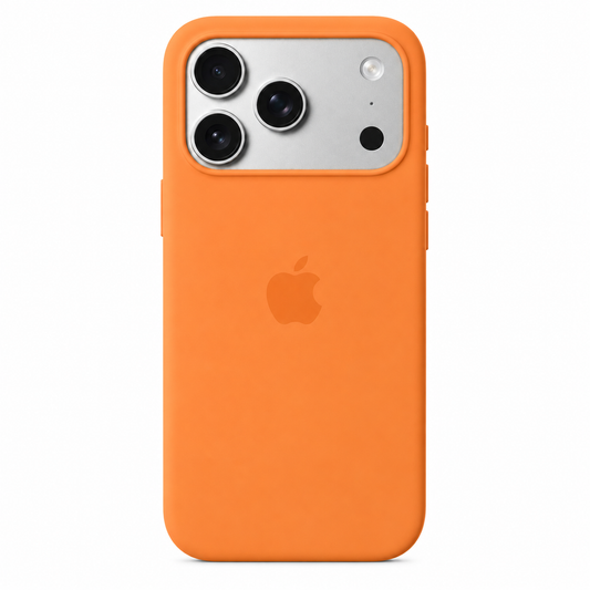 An orange silicone phone case on an iPhone 17 pro max, shown from the back against a solid white background. The Apple logo is visible through the translucent orange material.