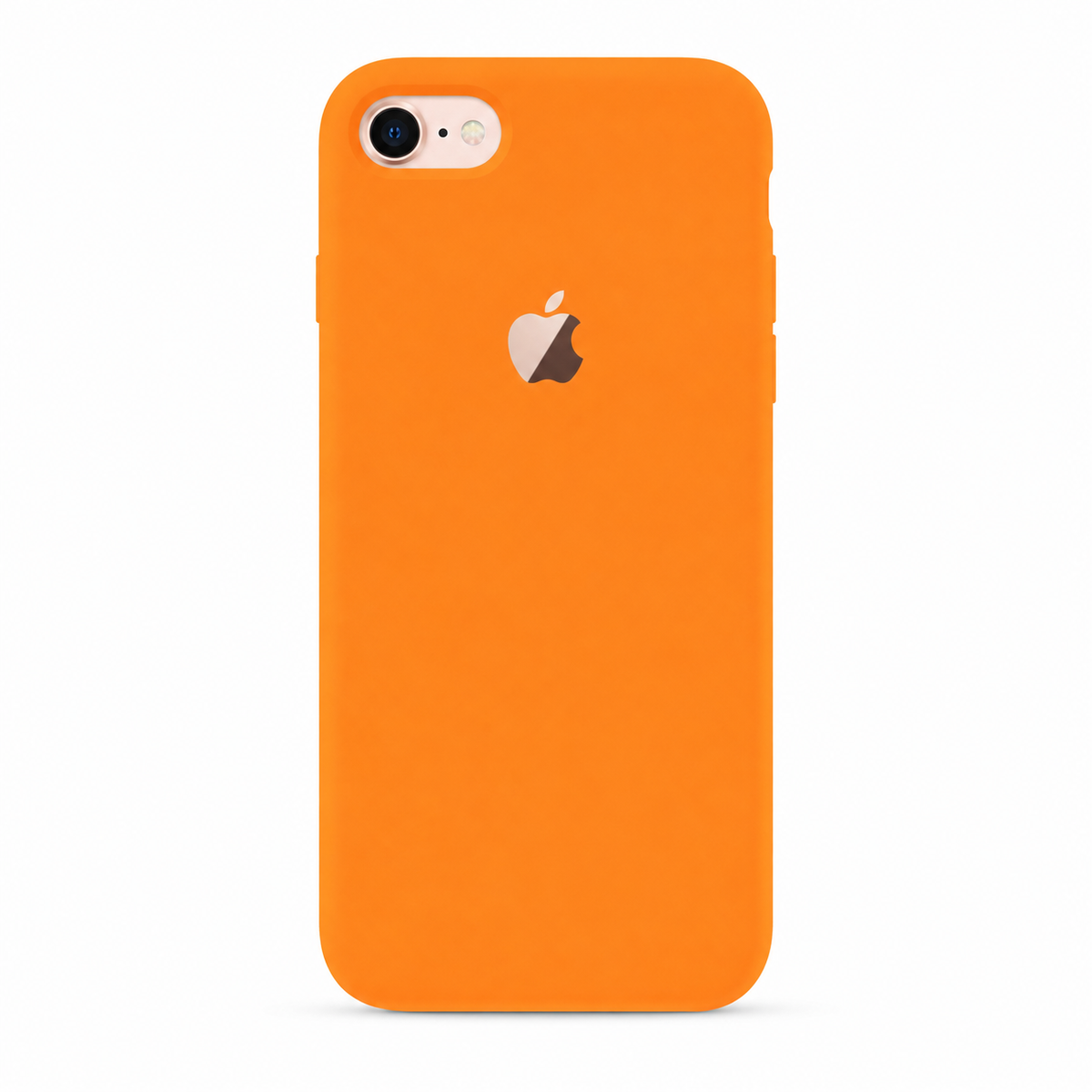 A bright orange protective phone case shown from the back on a white background, featuring a cutout for the camera and the Apple logo visible through the case.