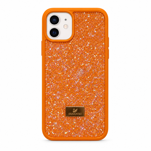 An orange phone case with a glittery orange back panel and a gold Swarovski logo plaque, shown on a white background.