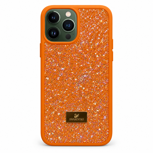 Orange Swarovski Glitter Cover for iPhone 13 Pro on white background