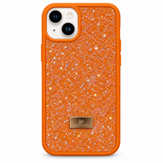 Orange Swarovski Glitter Cover for iPhone 14 on white background