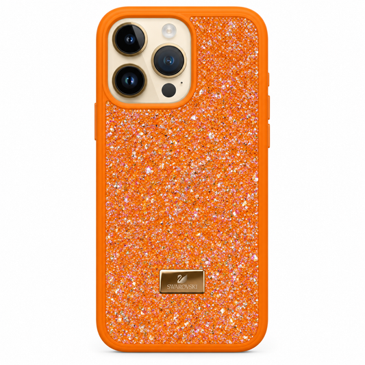 Orange Swarovski Glitter Cover for iPhone 14 Pro on white background