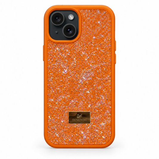 Orange Swarovski Glitter Cover for iPhone 15 on white background
