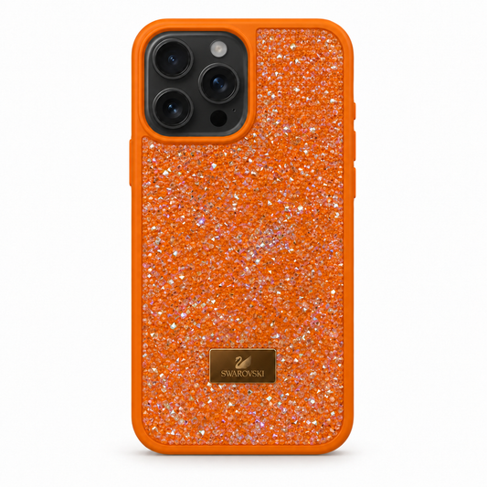 Orange Swarovski Glitter Cover for iPhone 15 Pro Max on white background
