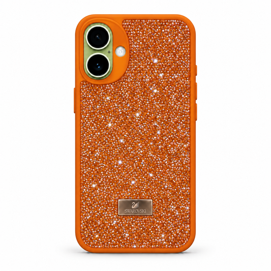 Orange Swarovski Glitter Cover for iPhone 16 Plus on white background