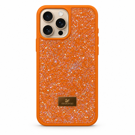 Orange Swarovski Glitter Cover for iPhone 16 Pro on white background