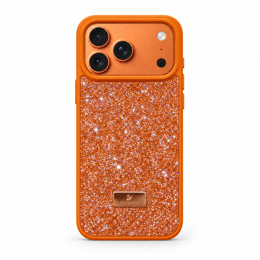 An orange protective phone case with a glittery orange back panel, featuring a metallic rose gold brand plaque at the bottom and a raised camera bumper.