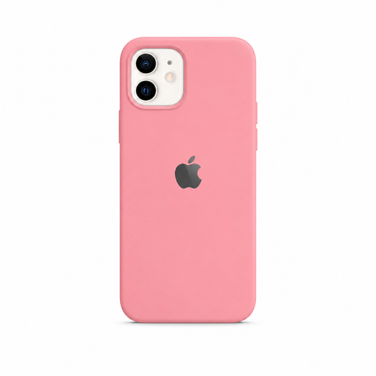  pink color iphone case. there is an apple logo on the back side of the case. the image has a pure white background. 
