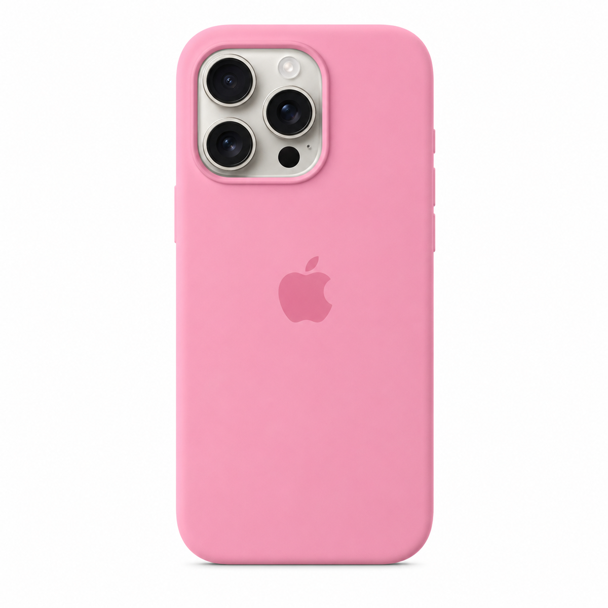 A pink protective iPhone 13 Pro phone case with a matching pink Apple logo, shown on a silver iPhone against a plain white background.