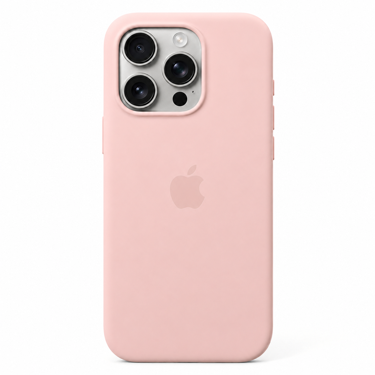 A light pink silicone iPhone 13 pro max phone case with a subtle matte finish, shown on an iPhone. The case features a cutout for the camera, flash, and fingerprint sensor, with the Apple logo subtly visible through the center.