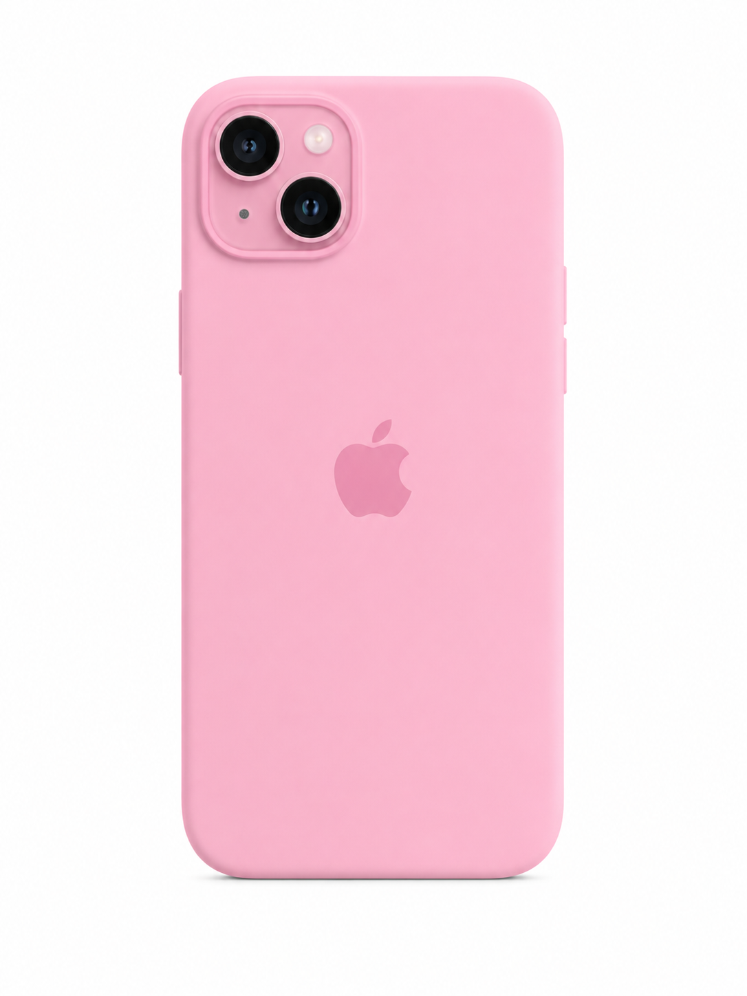 pink color iphone 13 case with apple logo in the middle and white background of the silicone cover iphone 13 inserted in the cover