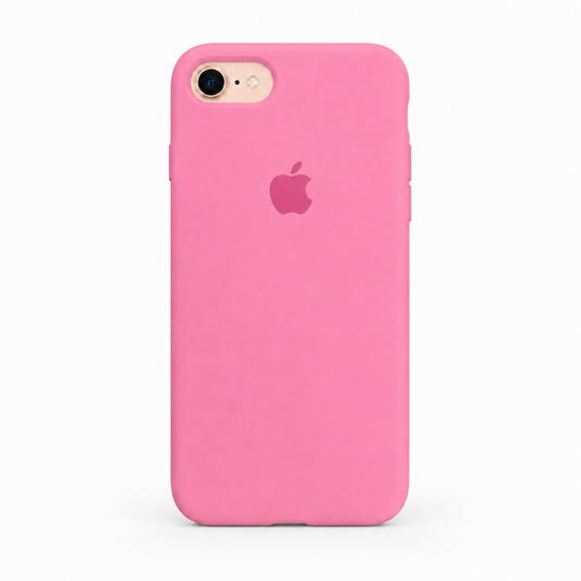 A pink phone case with a matching pink Apple logo, shown on a light gray background.