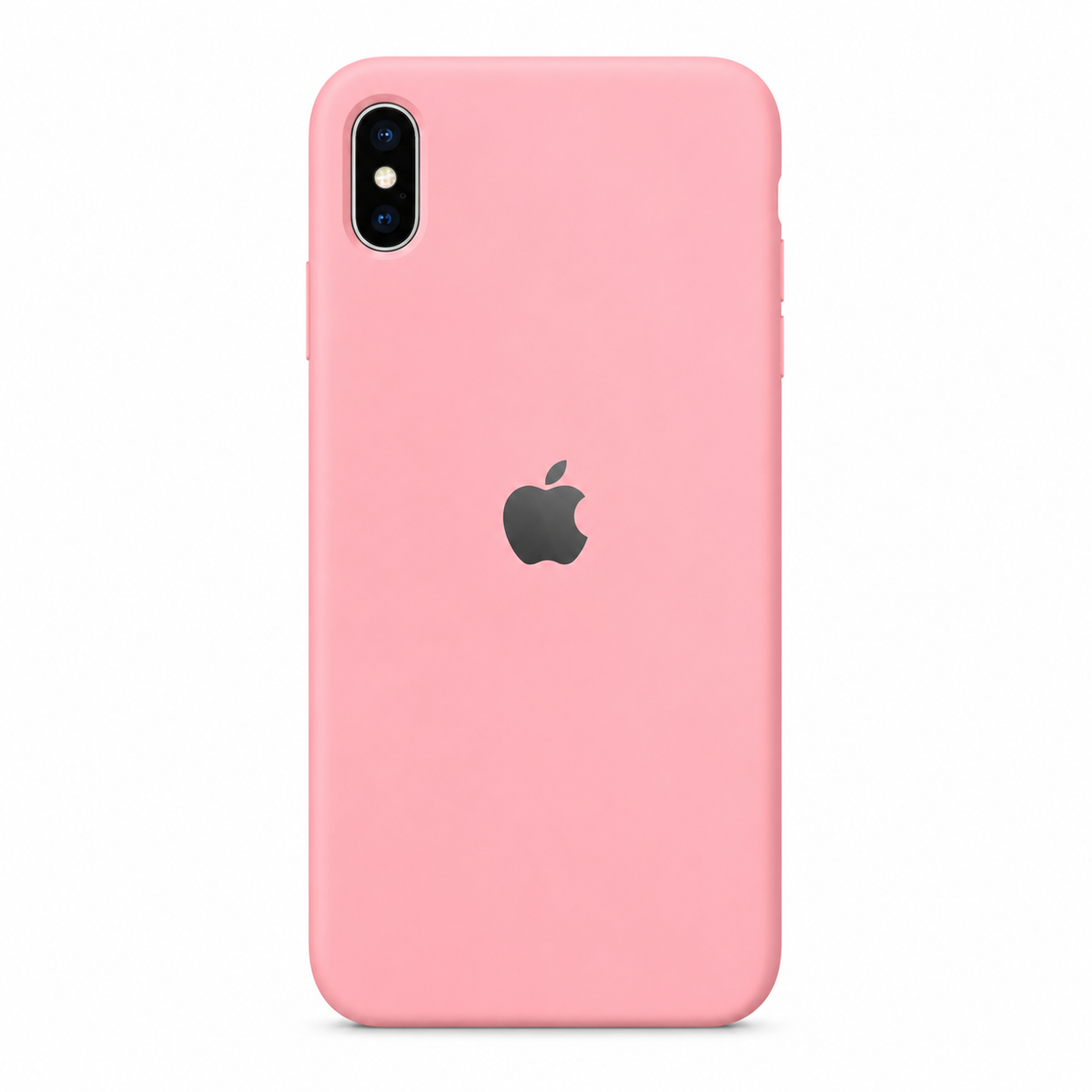 A light pink protective phone case with a black Apple logo in the center, shown on a clean white background.