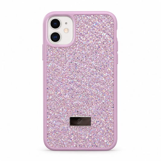 A light pink phone case with a dense, iridescent glitter pattern on the back, featuring a solid light pink bumper edge and camera cutout.