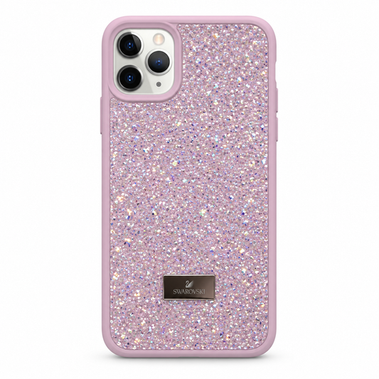 A pink protective phone case with a sparkling holographic glitter back panel, featuring a gold-tone Swarovski brand plaque near the bottom.