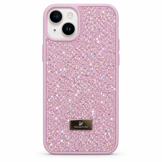 Pink Swarovski Glitter Cover for iPhone 14 on white background