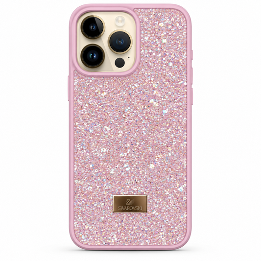 Pink Swarovski Glitter Cover for iPhone 14 Pro on white background