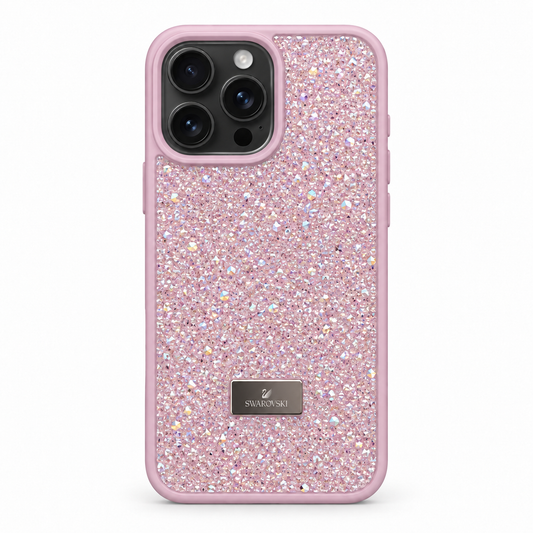 Pink Swarovski Glitter Cover for iPhone 15 Pro Max on white background