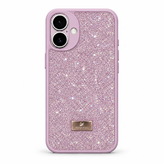 Pink Swarovski Glitter Cover for iPhone 16 Plus on white background