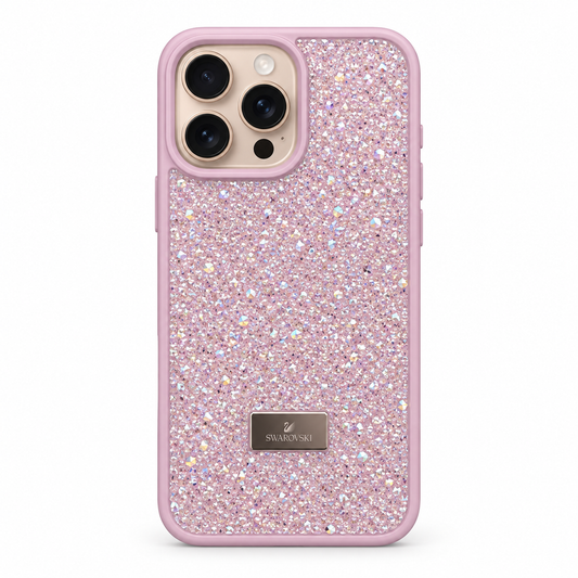 Pink Swarovski Glitter Cover for iPhone 16 Pro Max on white background