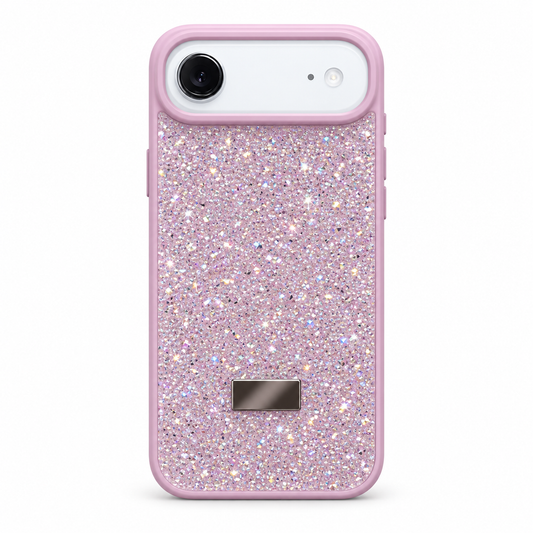 A pink phone case with a glittery light purple and pink back cover, featuring a solid pink bumper and a silver metallic accent plate near the bottom.