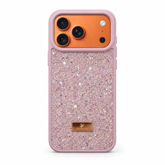 A pink glitter phone case with a rose gold metallic Swarovski logo plate, shown on a white background.