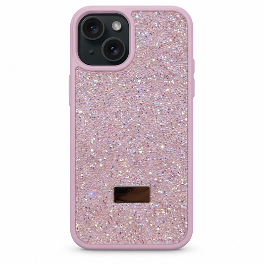 Pink Swarovski Glitter Cover for iPhone 15 on white background