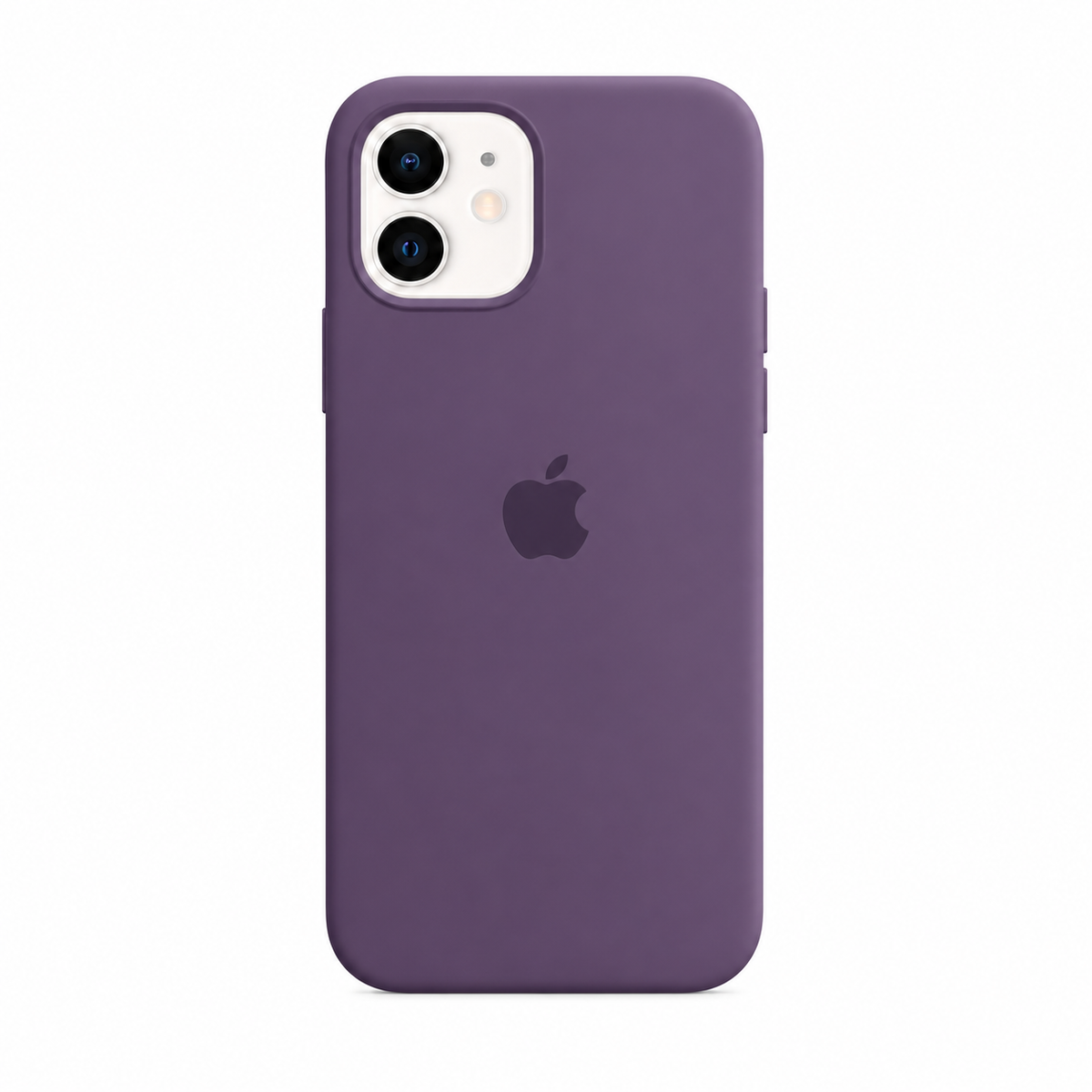 plum color iphone case. there is an apple logo on the back side of the case. the image has a pure white background. 