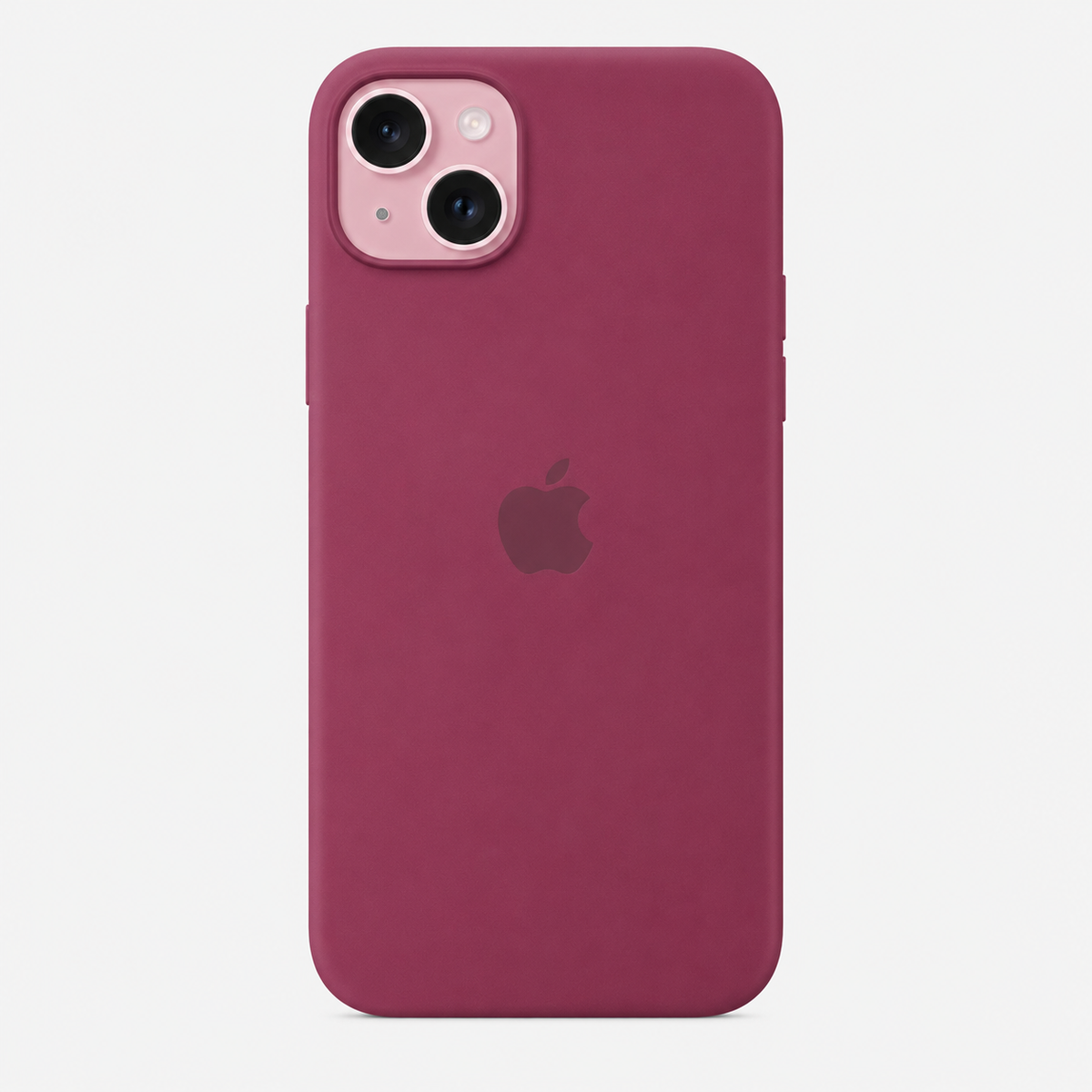 plum color iphone 13 case with apple logo in the middle and white background of the silicone cover iphone 13 inserted in the cover